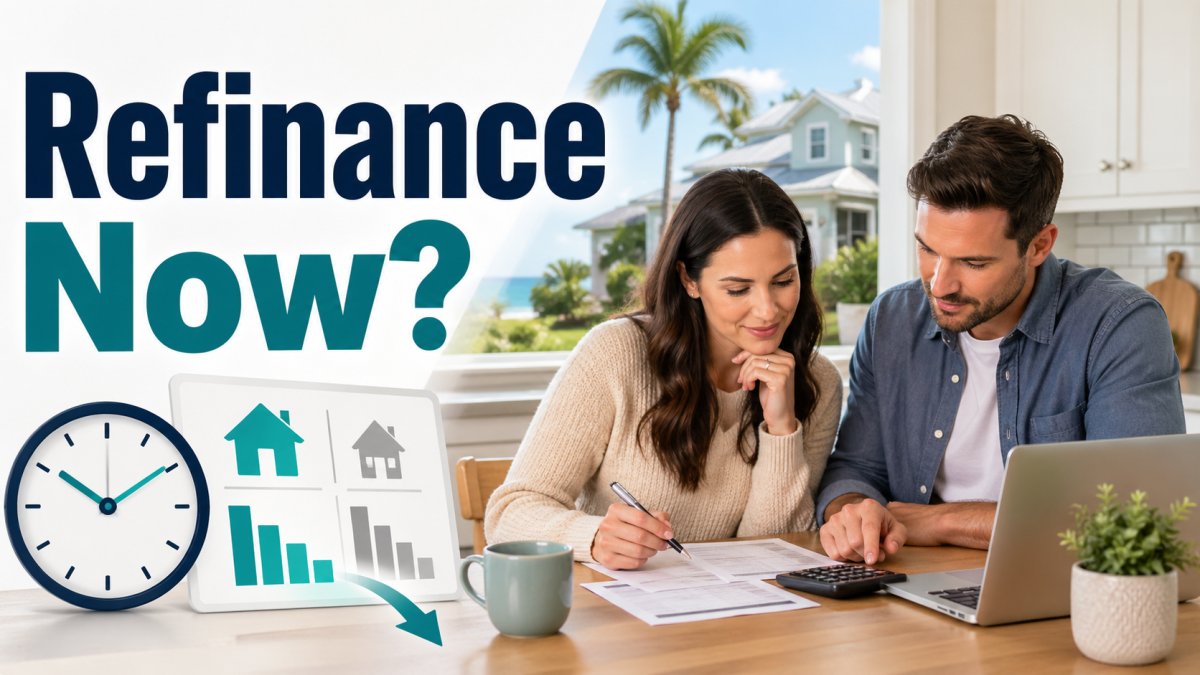 Homeowners reviewing refinance options with mortgage paperwork, a calculator, and “Refinance Now?” text, representing when to refinance a house in Melbourne, Florida.