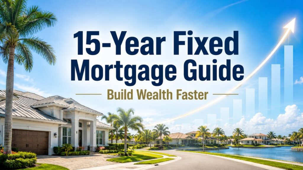 15-year fixed mortgage guide graphic with large centered text, Florida neighborhood background, and upward growth chart.