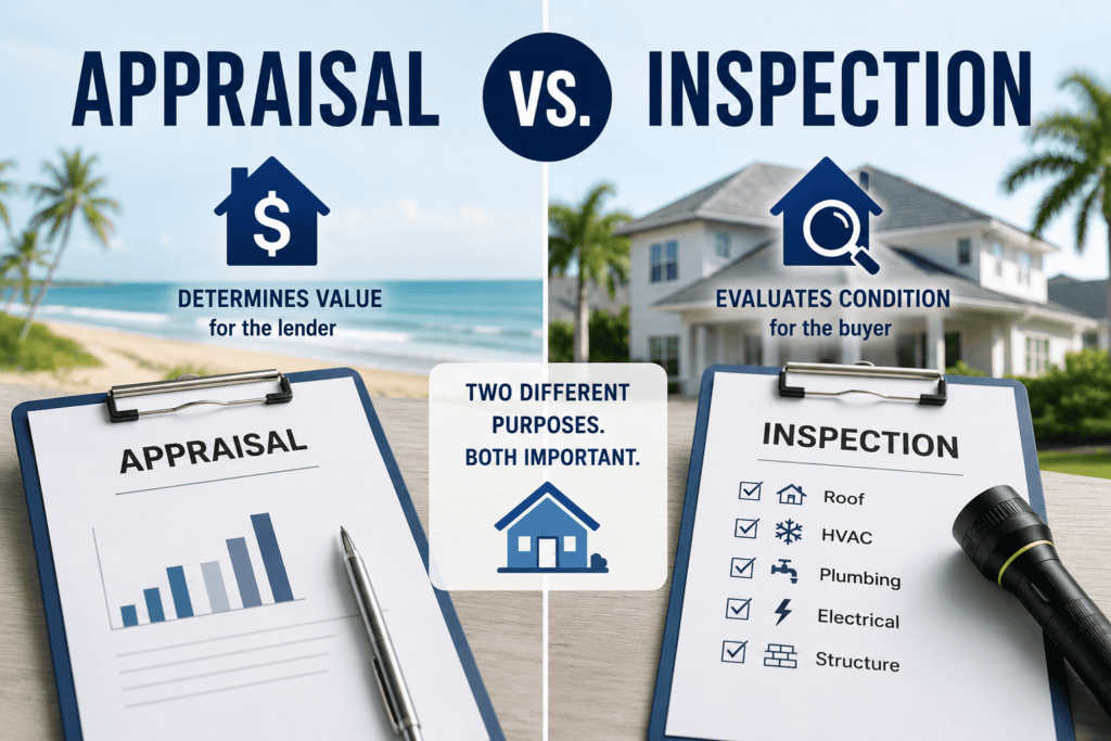 Appraisal vs inspection comparison showing market value for lender and home condition for buyer