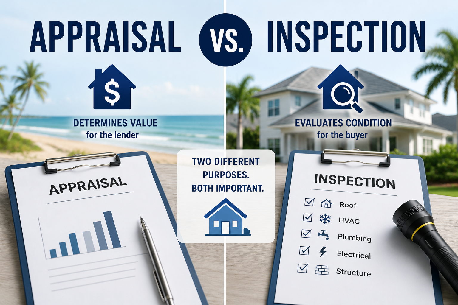 Appraisal vs inspection comparison showing market value for lender and home condition for buyer