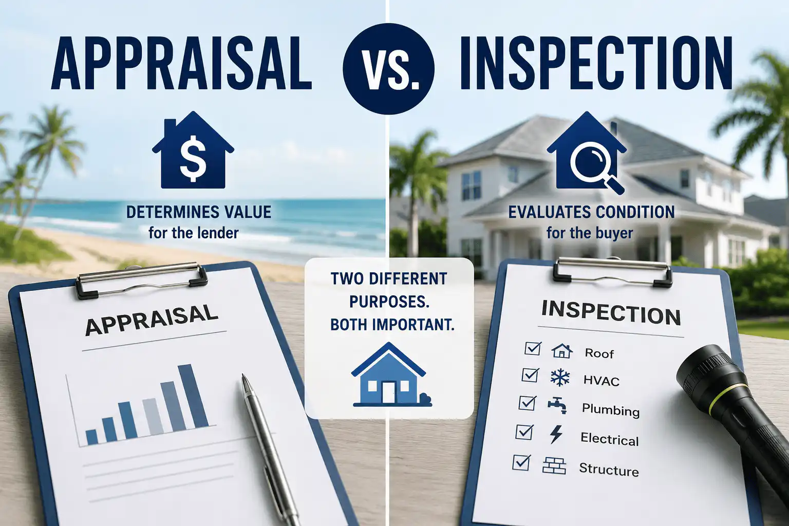 Appraisal vs inspection comparison showing market value for lender and home condition for buyer