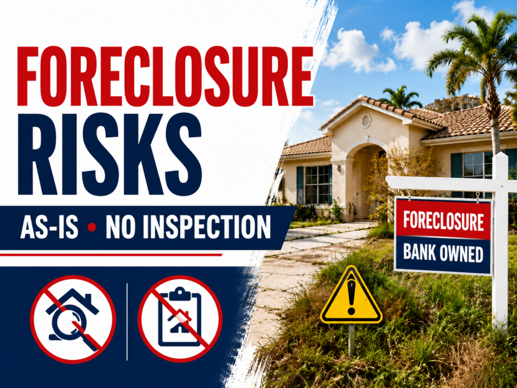 Foreclosure risks graphic with a bank-owned home, warning sign, and text reading “Foreclosure Risks: As-Is, No Inspection.”