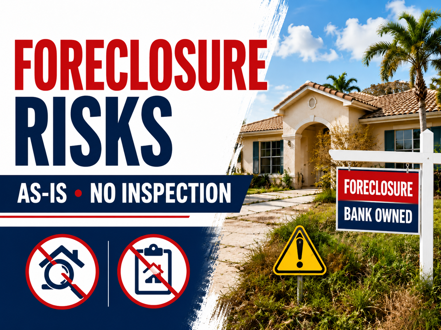 Foreclosure risks graphic with a bank-owned home, warning sign, and text reading “Foreclosure Risks: As-Is, No Inspection.”