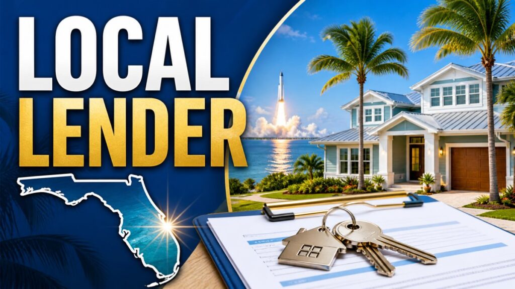 Morgan Financial local lender thumbnail with Florida map, coastal home, rocket launch, mortgage paperwork, and house keys representing Space Coast mortgage lending.