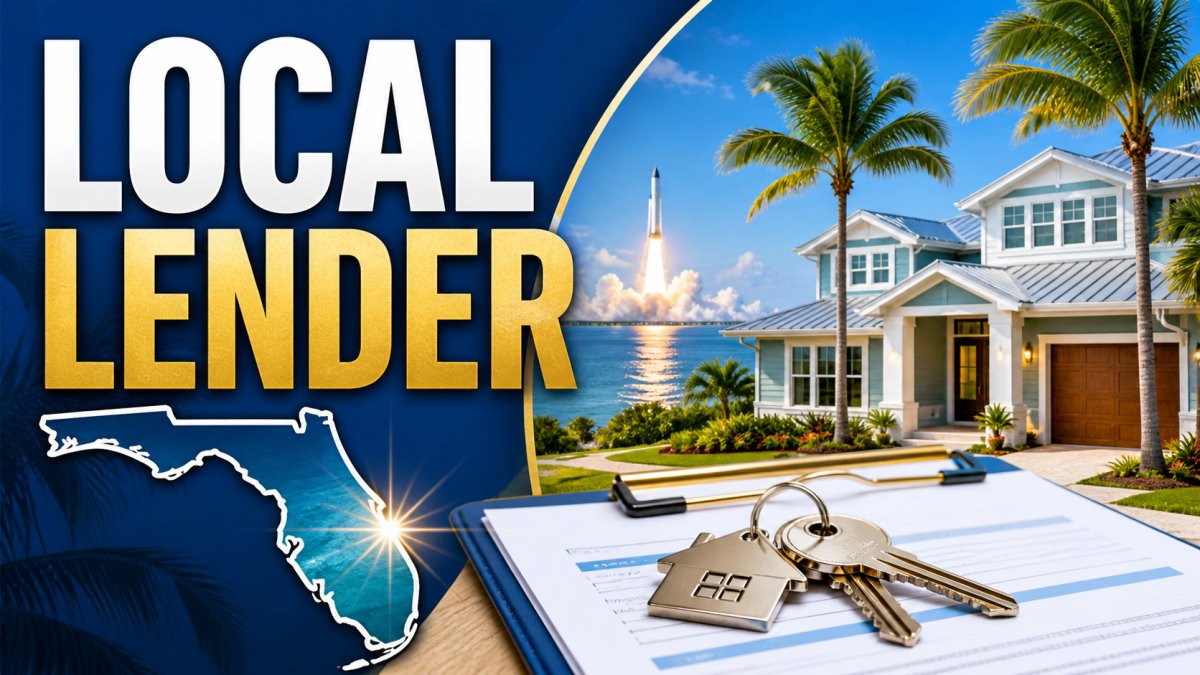 Morgan Financial local lender thumbnail with Florida map, coastal home, rocket launch, mortgage paperwork, and house keys representing Space Coast mortgage lending.