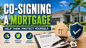 Mortgage co-signing featured image with a home, mortgage agreement, keys, and protection shield representing helping family while protecting your credit.