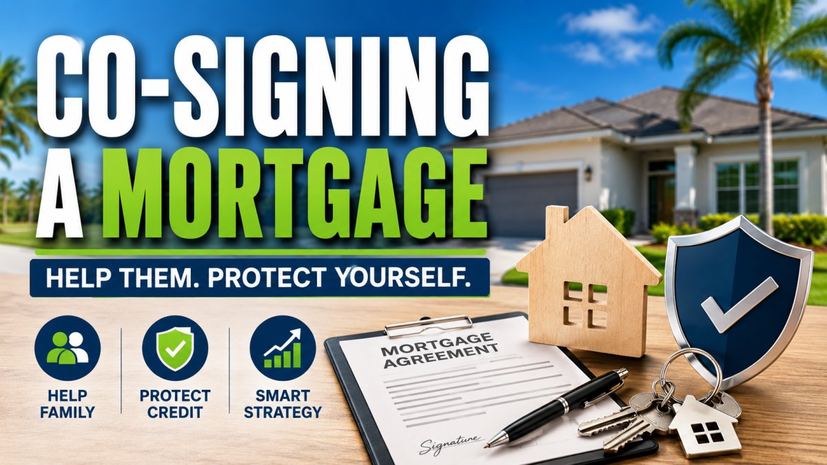 Mortgage co-signing featured image with a home, mortgage agreement, keys, and protection shield representing helping family while protecting your credit.