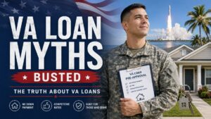 Military-themed VA loan myths thumbnail featuring a service member, VA loan pre-approval checklist, home keys, rocket launch, and patriotic background.