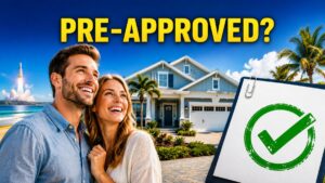 Smiling homebuyers stand in front of a Florida-style house with a pre-approval checkmark, highlighting mortgage readiness on the Space Coast.