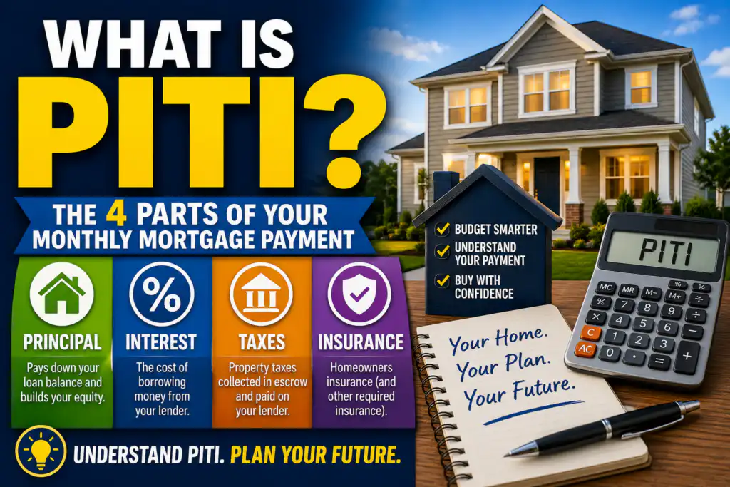 PITI mortgage payment thumbnail showing a home, calculator, and the four parts of PITI: principal, interest, taxes, and insurance.