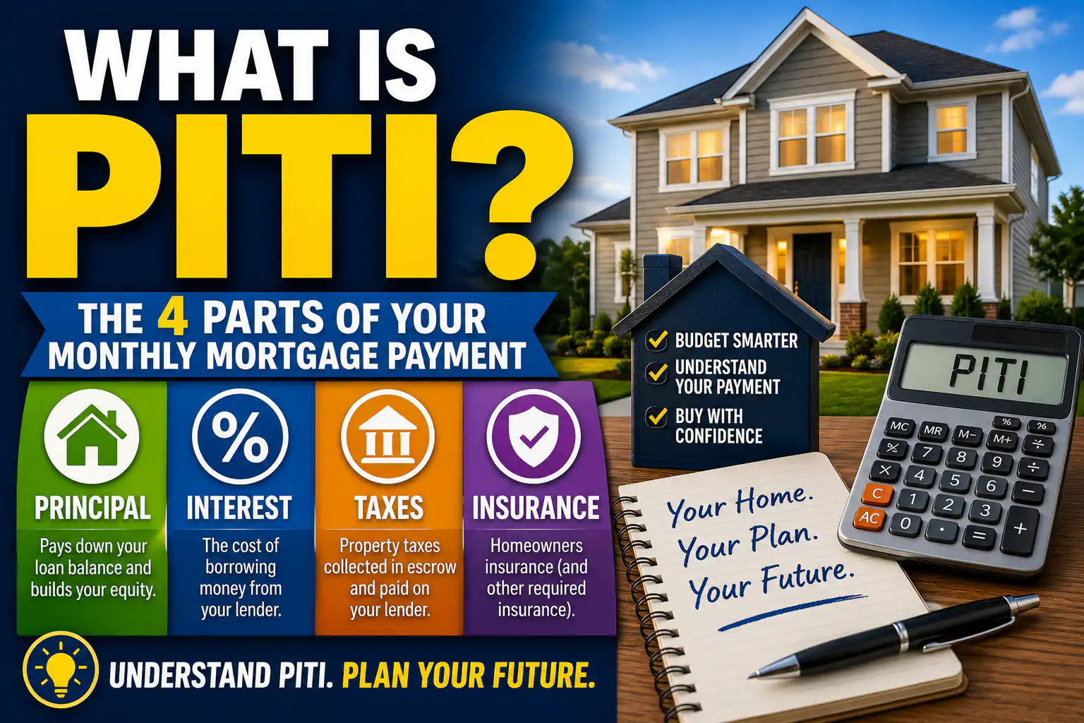PITI mortgage payment thumbnail showing a home, calculator, and the four parts of PITI: principal, interest, taxes, and insurance.