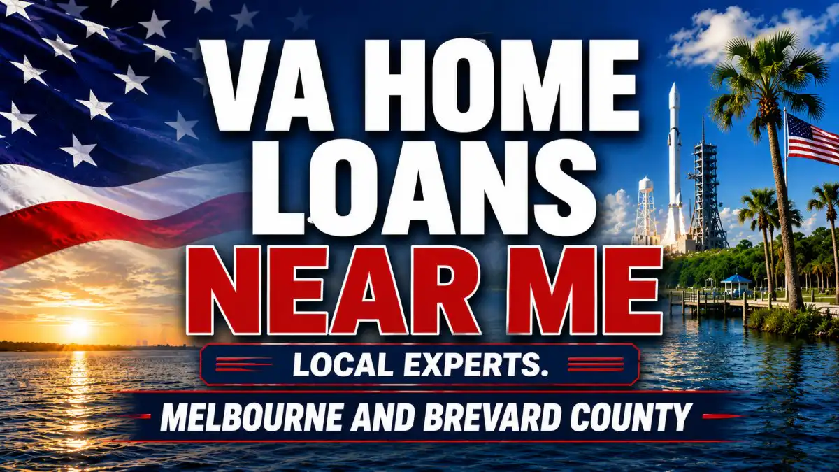 Patriotic VA home loan thumbnail featuring the Indian River and Space Coast launch pad with bold text reading "VA Home Loans Near Me" and "Melbourne and Brevard County."