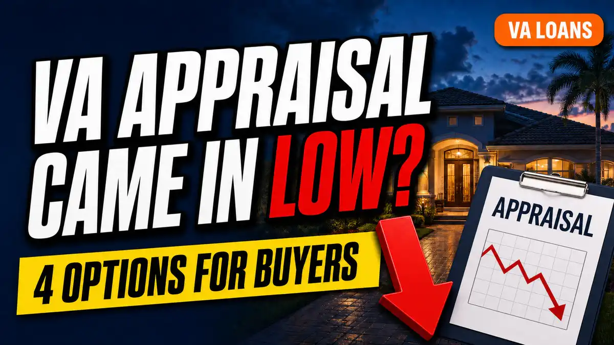 Graphic showing a Florida home, an appraisal clipboard with a falling line, and the headline “VA Appraisal Came In Low?”