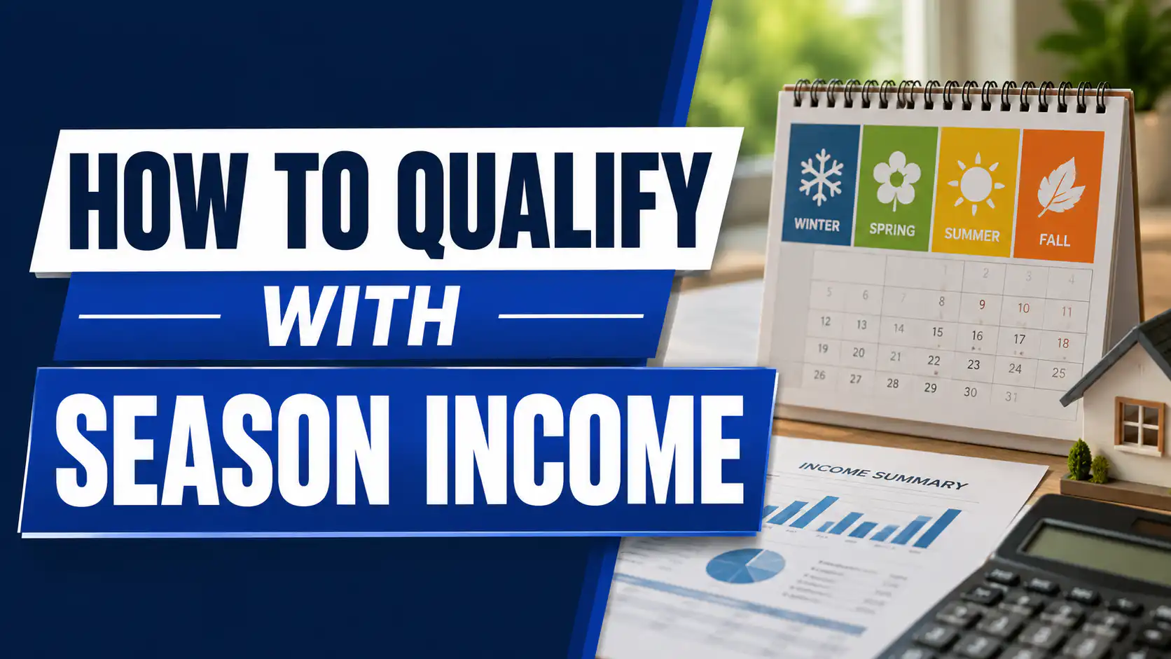 Morgan Financial mortgage graphic explaining how to qualify for a home loan using seasonal income, featuring a seasonal calendar, income documents, calculator, and house.