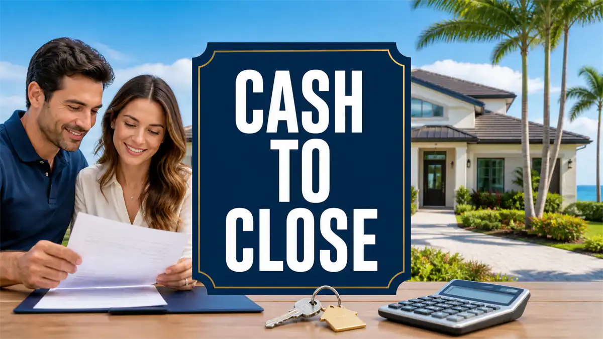 Florida homebuyers review mortgage paperwork beside house keys and a calculator in front of a Space Coast home, with the words “Cash to Close.”