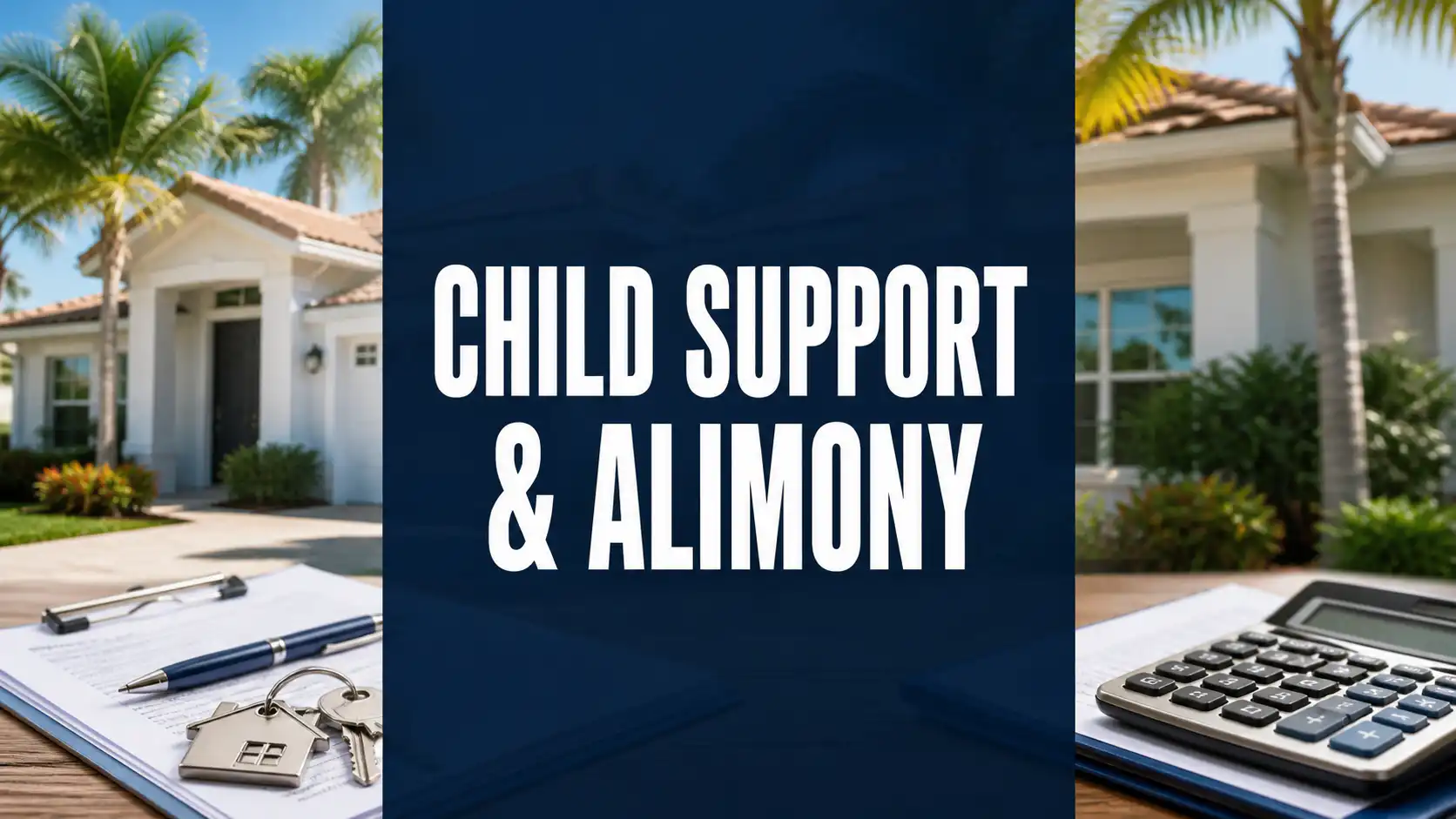 Florida home, mortgage documents, house keys, and calculator with the words “Child Support & Alimony.”