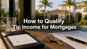 Restaurant receipt with a tip line, house keys, mortgage documents, and a Florida home with the words How to Qualify Tip Income for Mortgages.