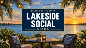 Illustrated lakeside patio at sunset with palm fronds and string lights, featuring the words Lakeside Social, Viera and Brevard by the Block.