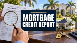 Hands review a credit report with a magnifying glass beside house keys and a model home, with the words Mortgage Credit Report.