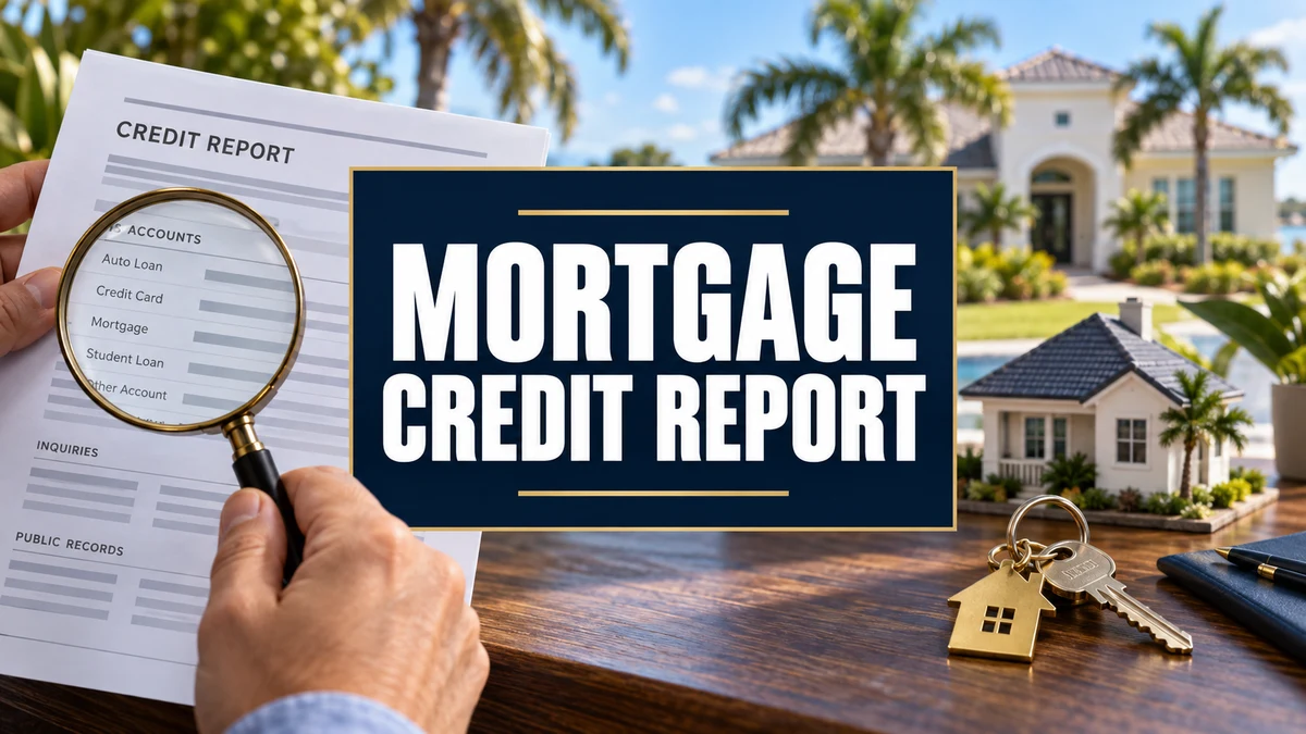 Hands review a credit report with a magnifying glass beside house keys and a model home, with the words Mortgage Credit Report.