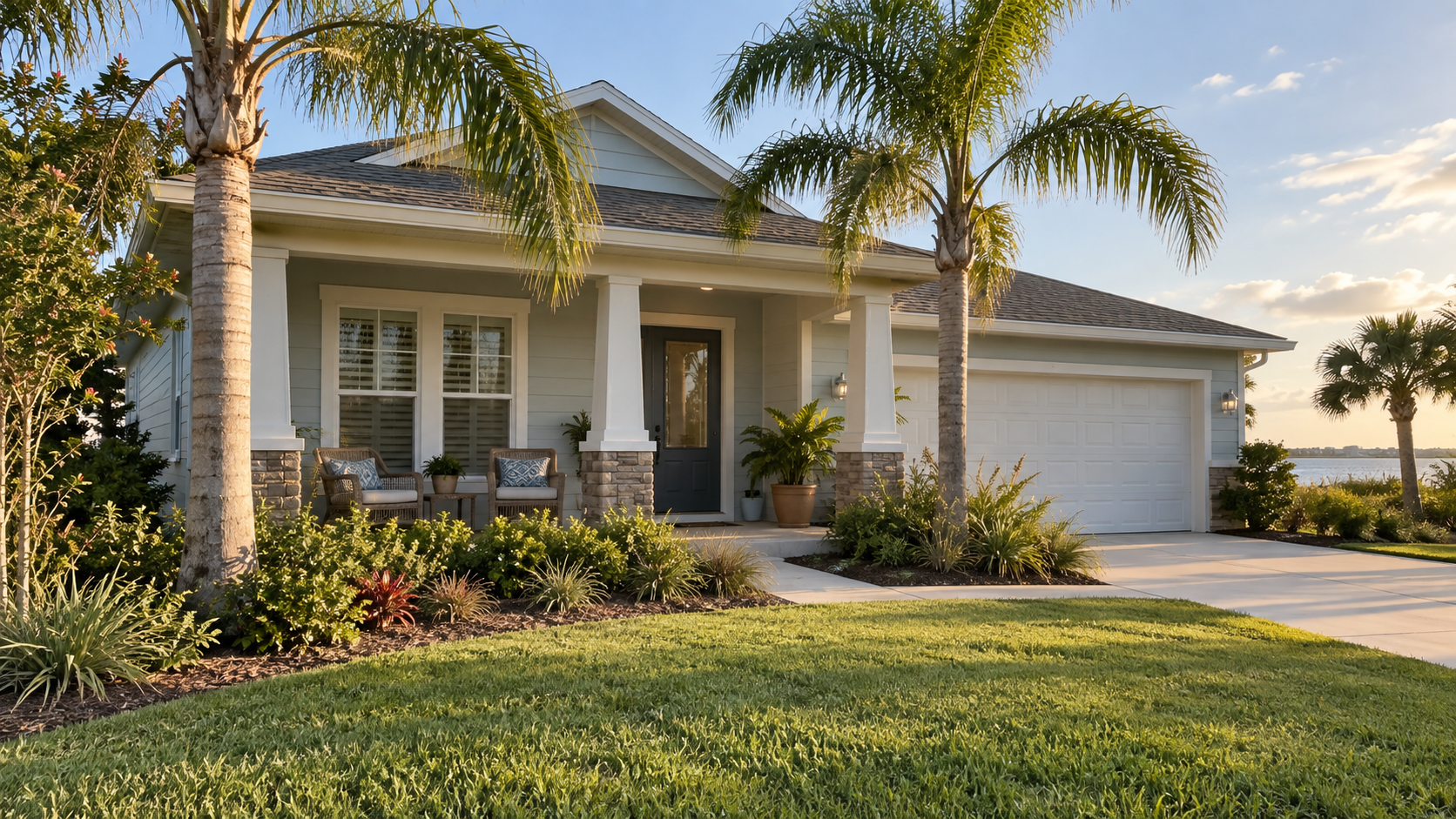 Illustrative Florida home with a front porch and palm trees