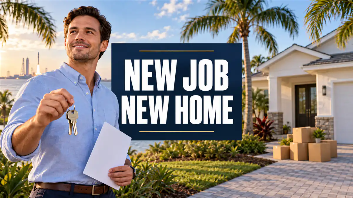 Homebuyer in a light-blue shirt holding keys and a document beside a Florida home and moving boxes, with the words New Job New Home.