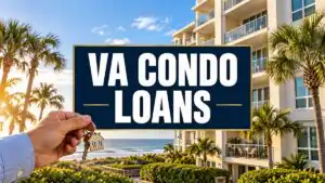 Hand holding house keys in front of a coastal condominium and palm trees, with centered words “VA Condo Loans.”