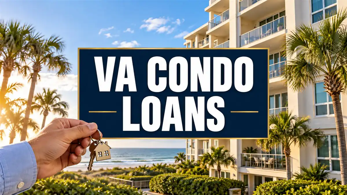 Hand holding house keys in front of a coastal condominium and palm trees, with centered words “VA Condo Loans.”