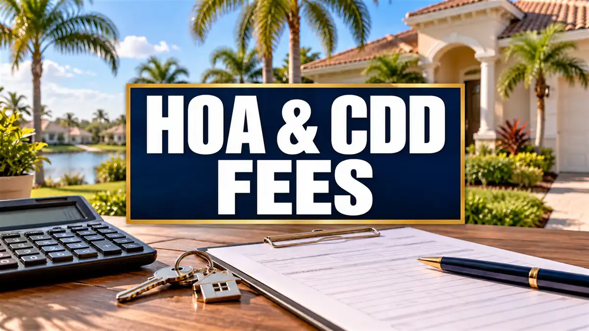 Calculator, house keys and paperwork in front of a Florida home, with the words “HOA & CDD Fees.”