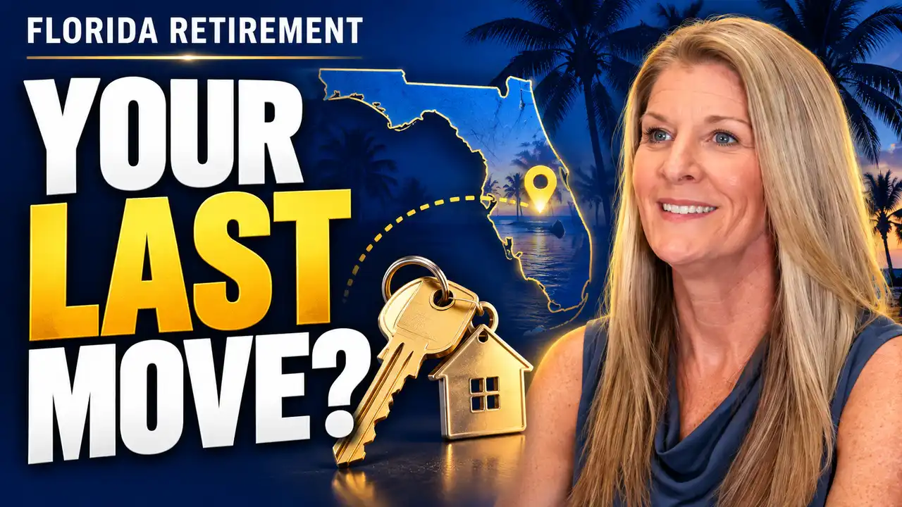 Lindsay Schellhorn beside a Florida map, house keys, and the words Your Last Move?
