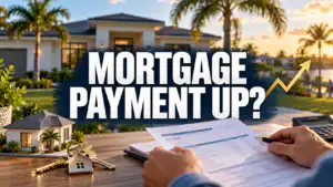 Hands review mortgage paperwork beside house keys and a model home, with a Florida house behind the words “Mortgage Payment Up?”
