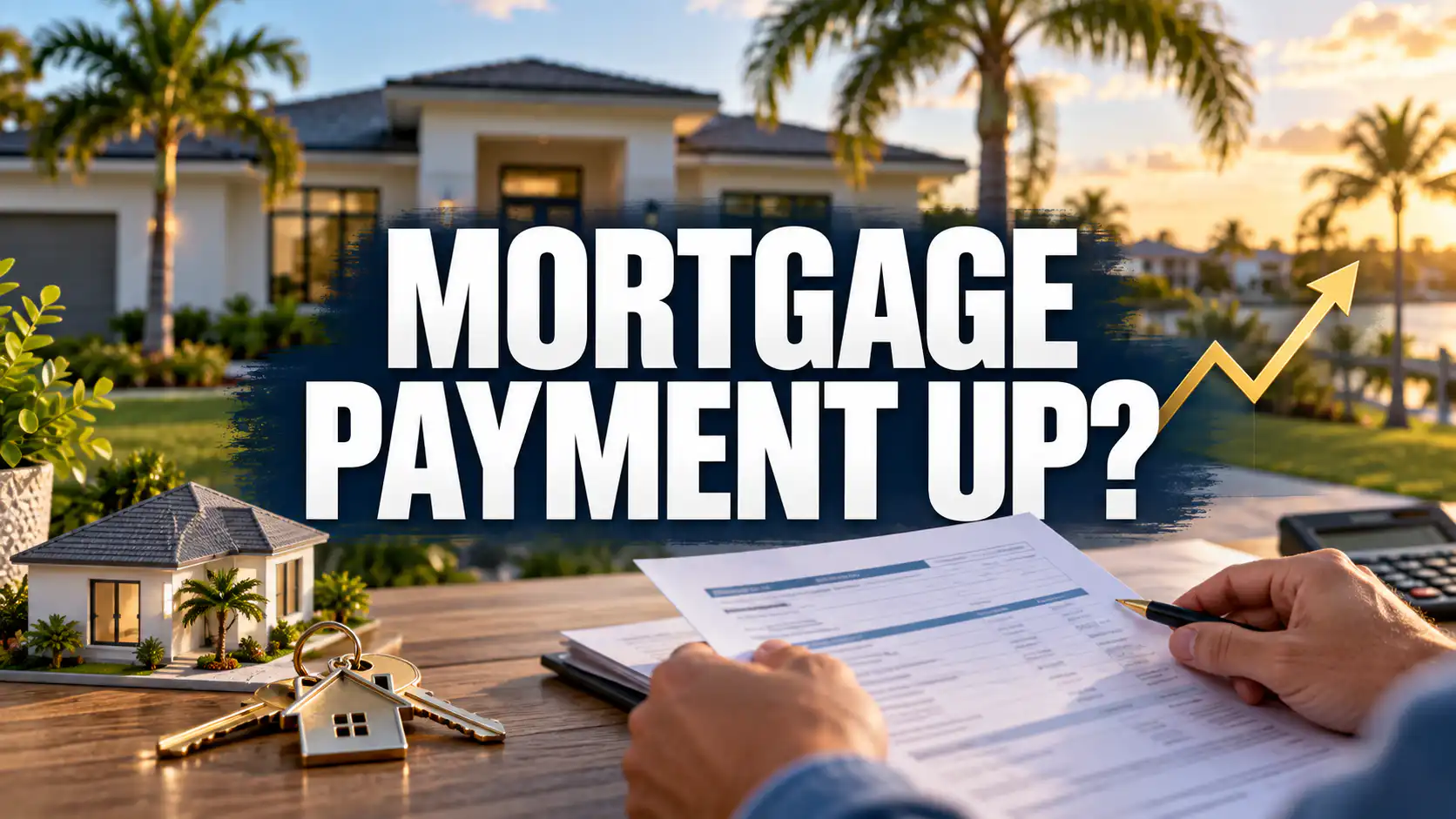 Hands review mortgage paperwork beside house keys and a model home, with a Florida house behind the words “Mortgage Payment Up?”