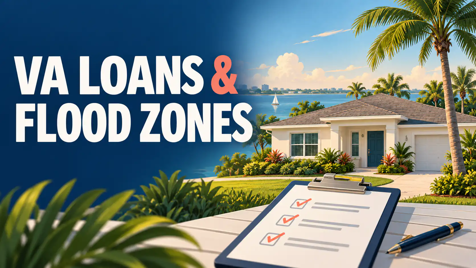Illustration of a Florida home beside a policy checklist, with a waterway in the background.